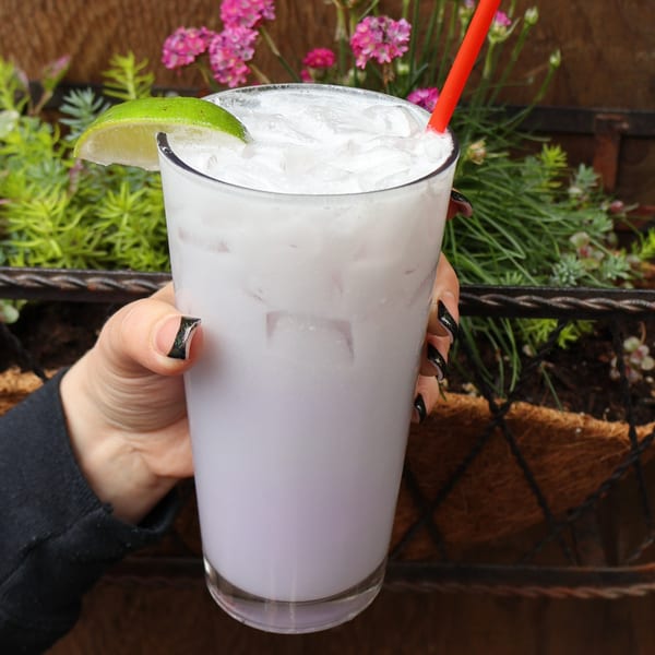 Hand holding a Sassy Onion lavender drink with a lime wedge and red straw, surrounded by greenery.